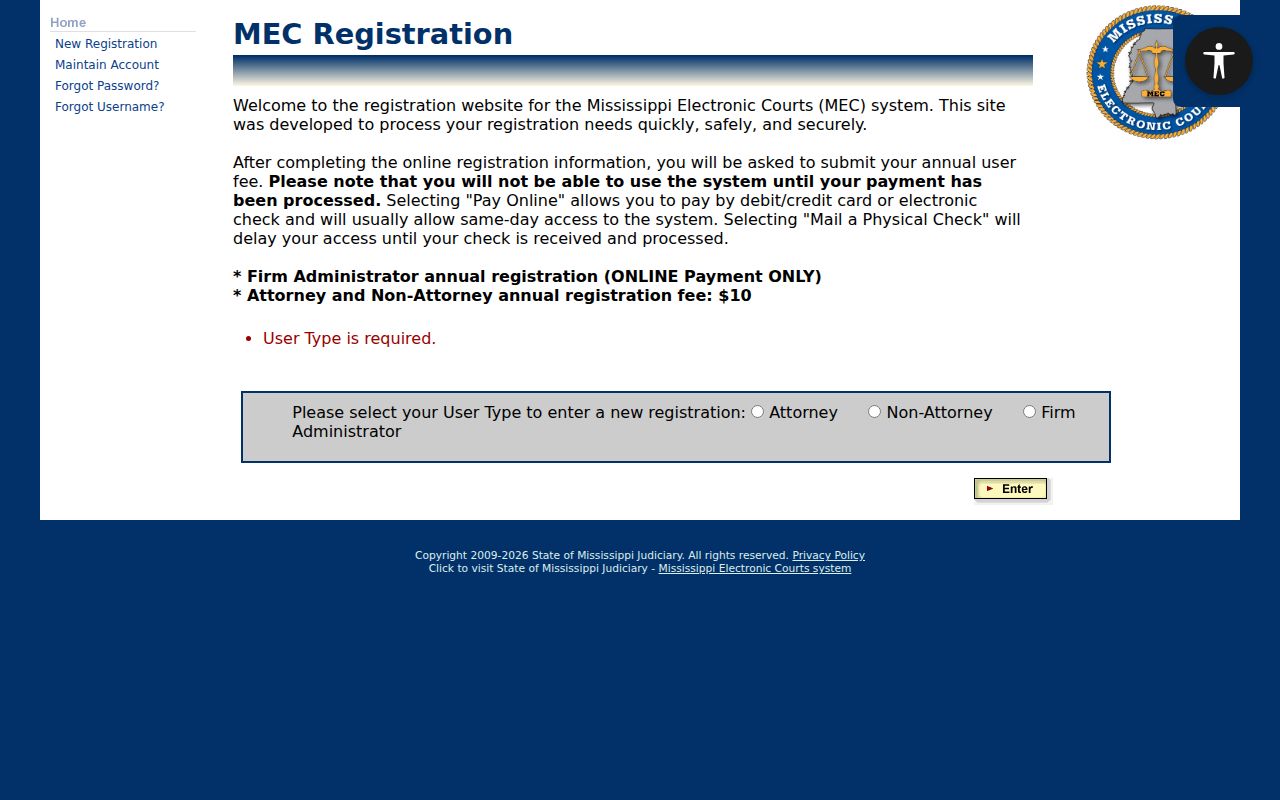 Copiah County case search PAMEC account type selection