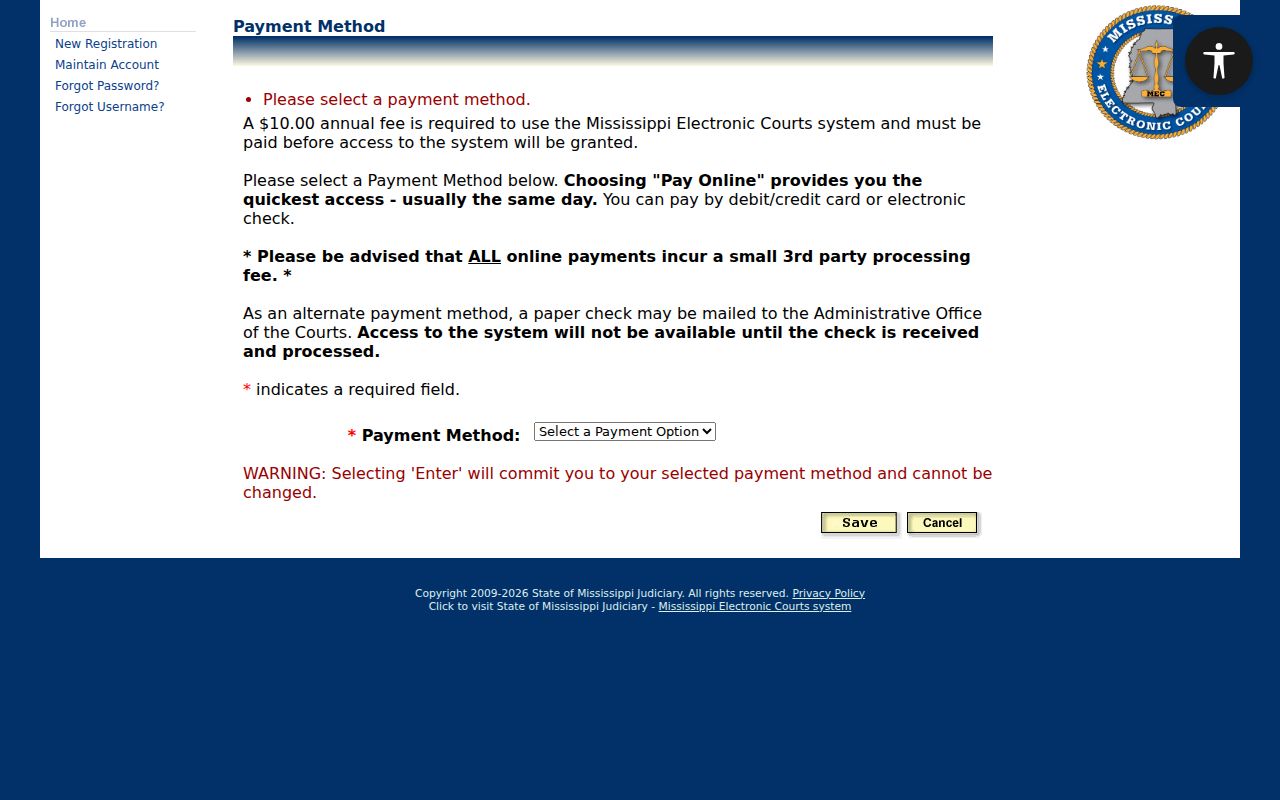 Copiah County case search PAMEC annual fee payment methods