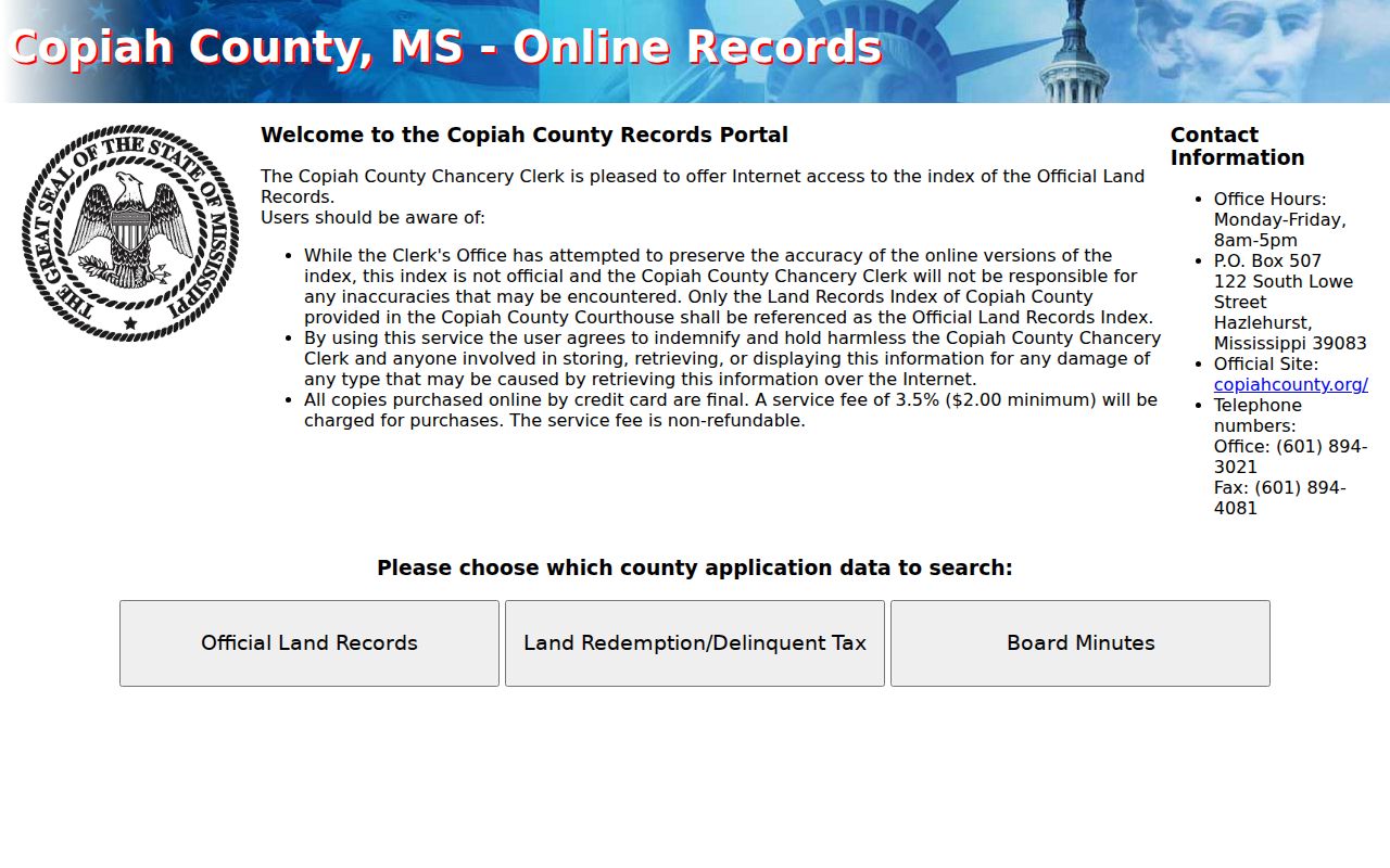 Copiah County civil records Chancery online official records access notice and card fee