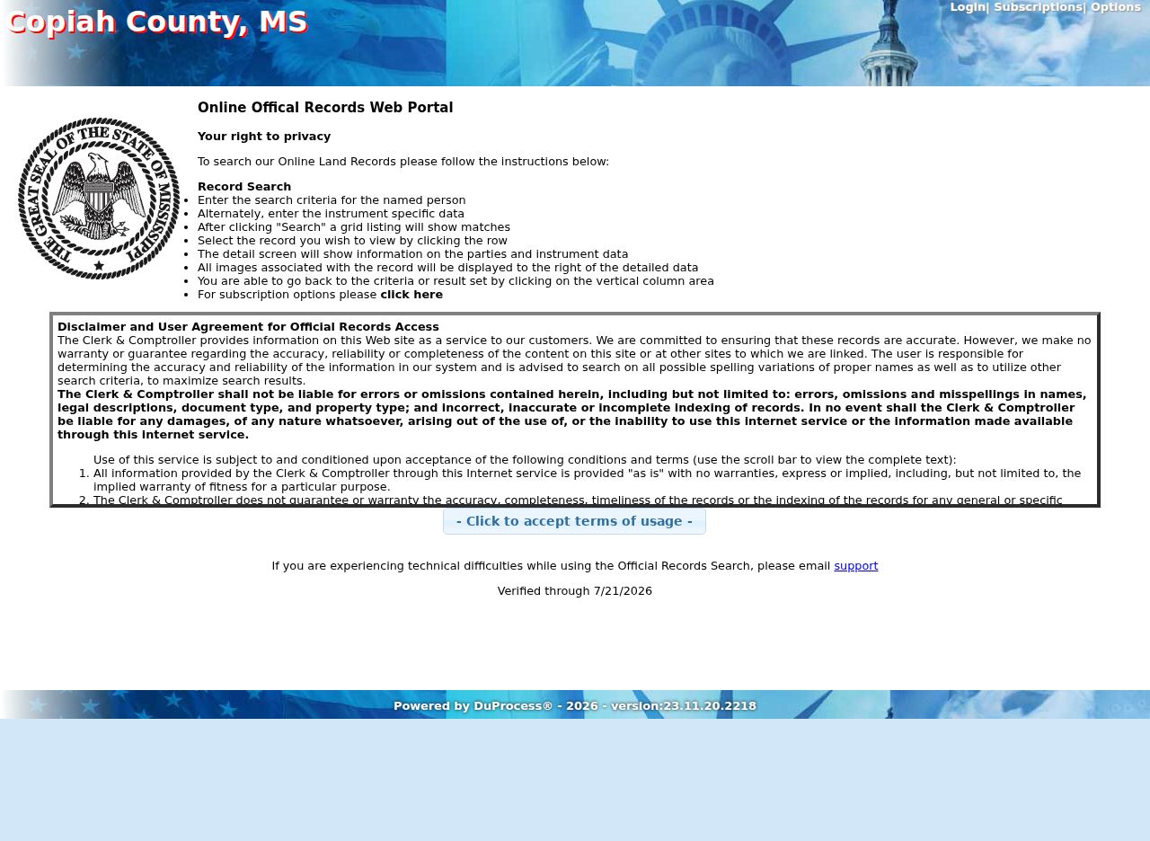 Copiah County civil records Chancery land inquiry search fields for grantor grantee dates and instrument type
