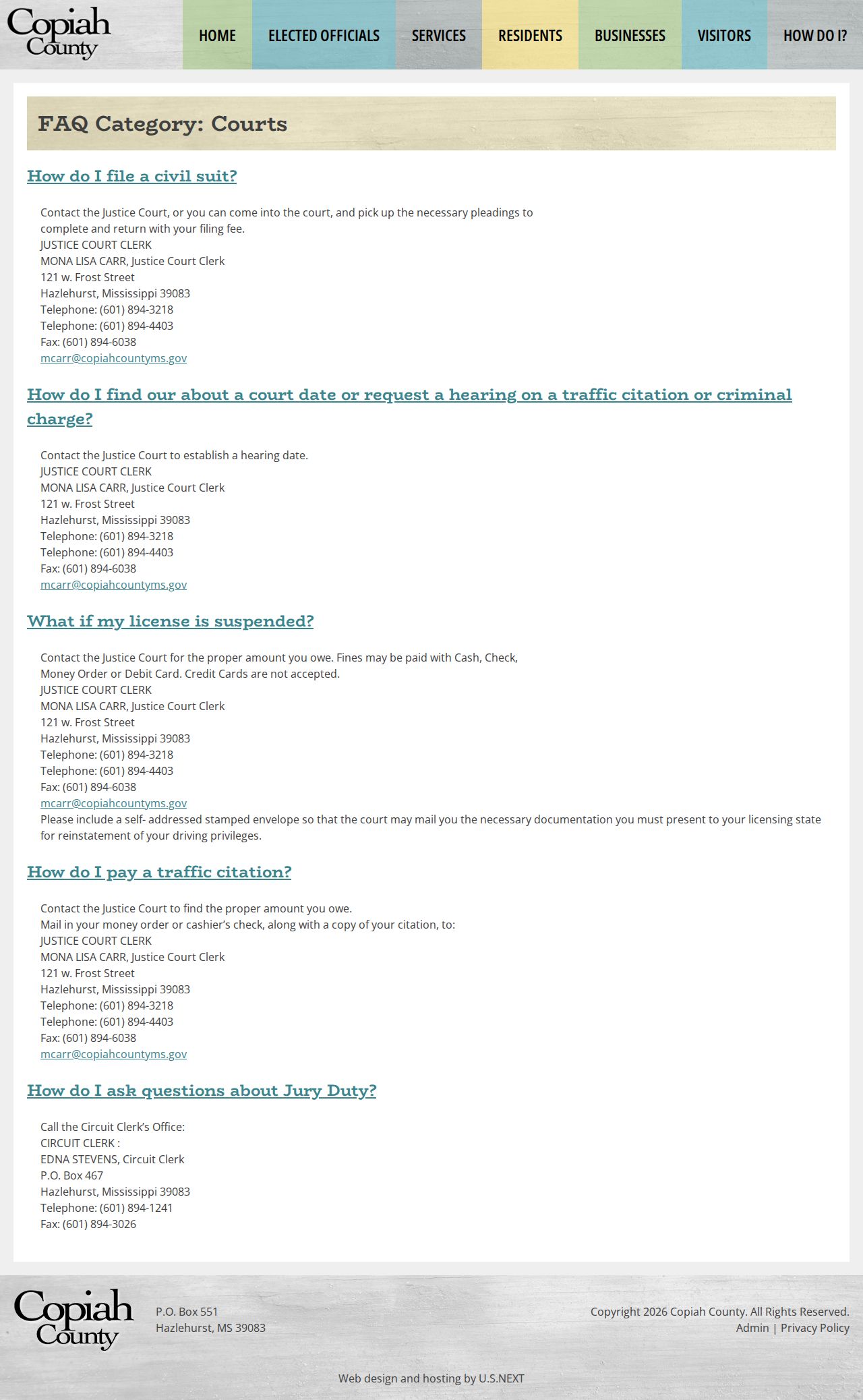 Copiah County court calendar clerk contact cards
