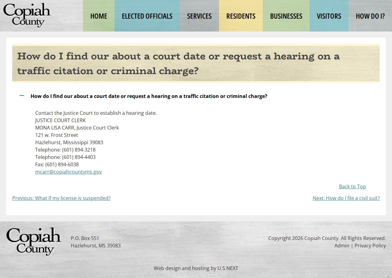 Copiah County court calendar hearing date request guidance