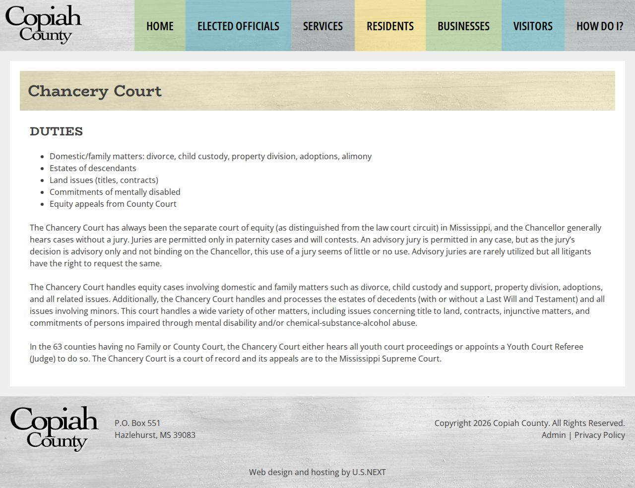 Copiah County court docket Chancery Court jurisdictions