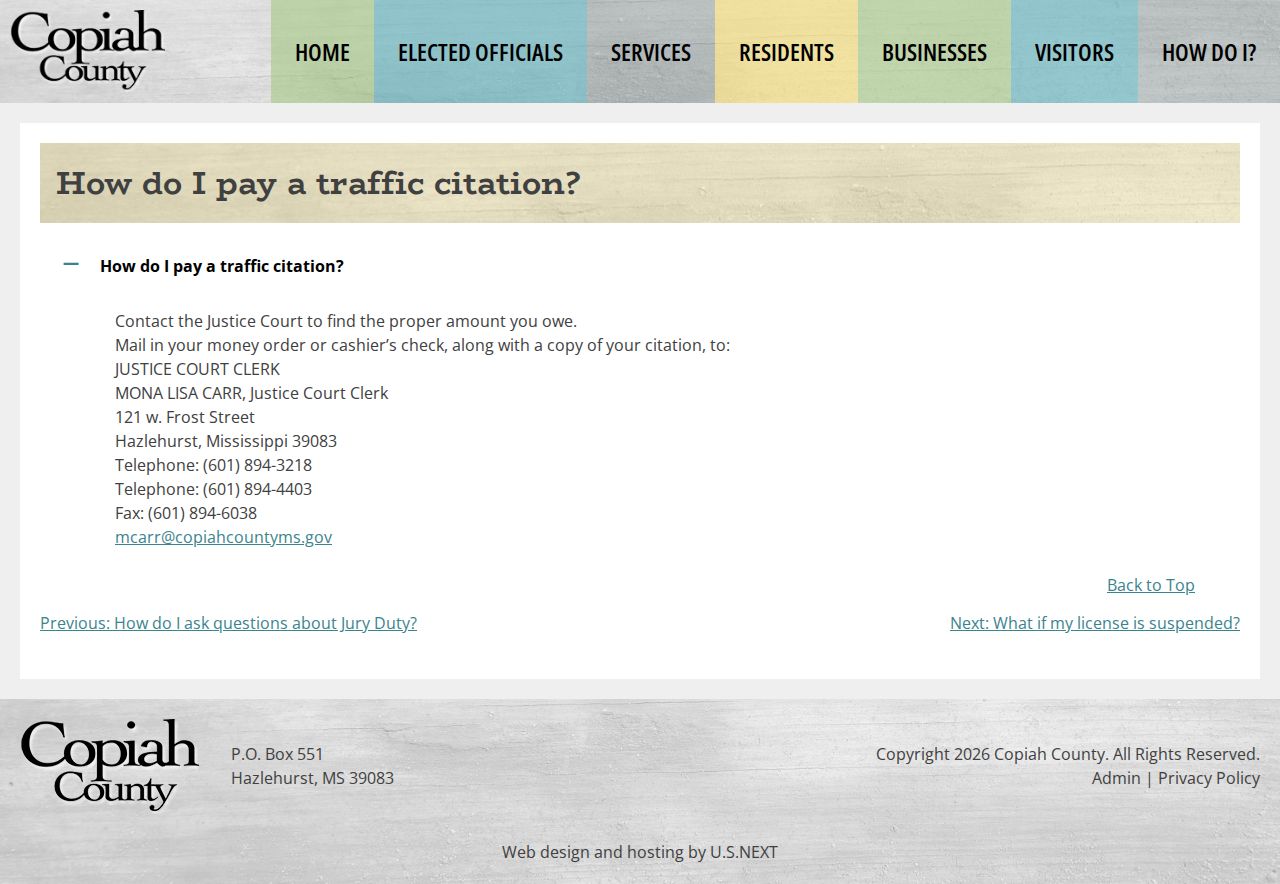 Copiah County traffic court records payment methods and Justice Court mailing route